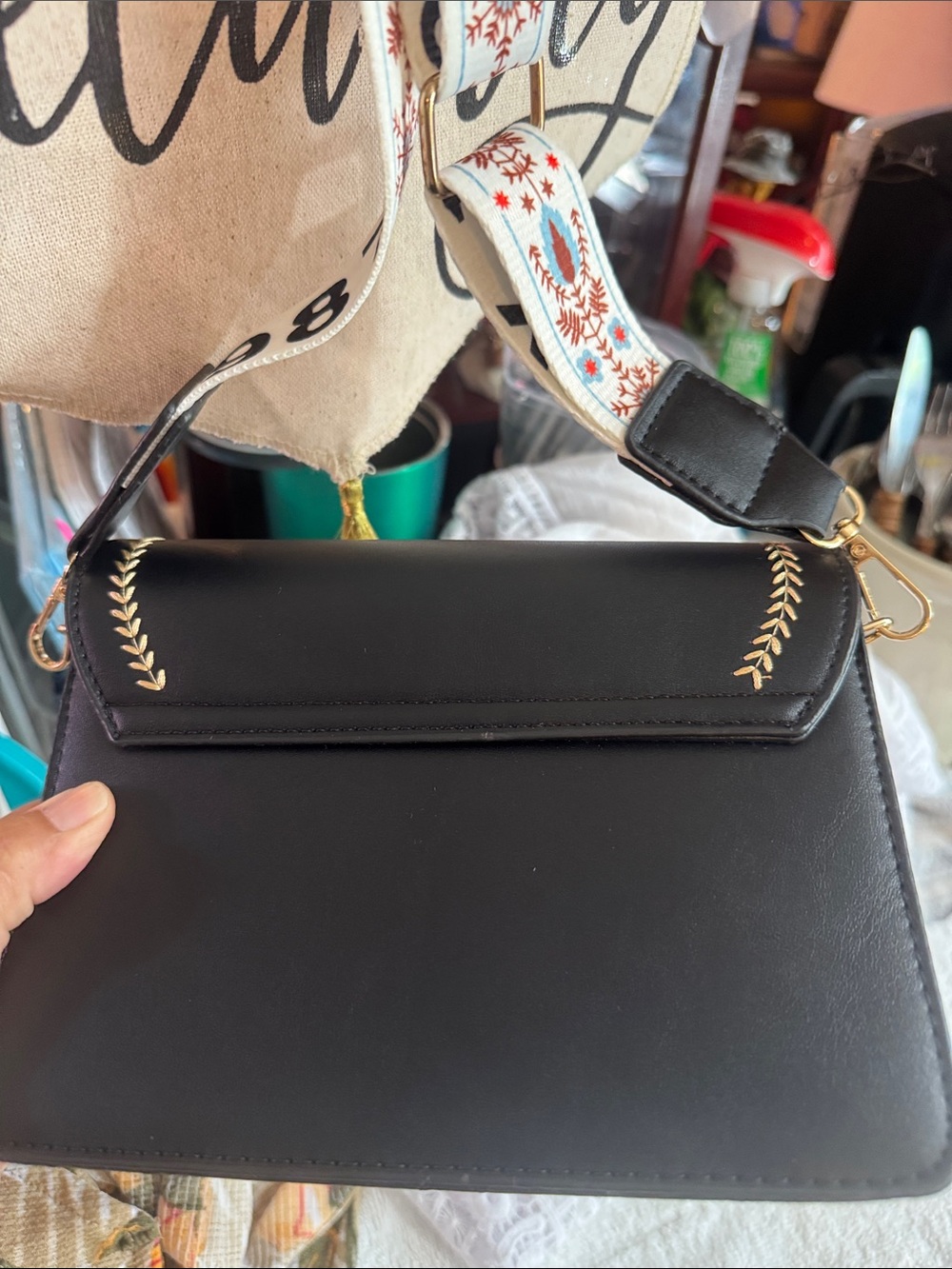 Two-Tone Black and Cream Crossbody Bag with Embroidered Strap - Picture 5 of 8